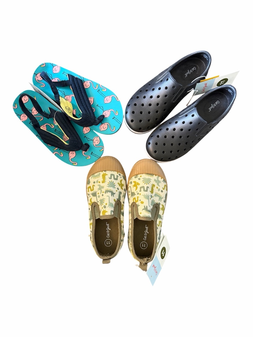 Lot of 3 New Cat & Jack Boys Water Shoes 11 Dinosaur Slip ons Sandals Flip Flop